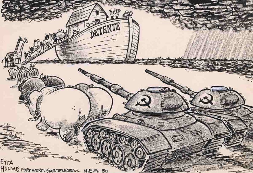 Diese Karikatur zeigt zwei kommunistische Panzer, die die Linien von Tieren drängen, die sich auf die Arche mit der Aufschrift „Détente“ zubewegen, 1980