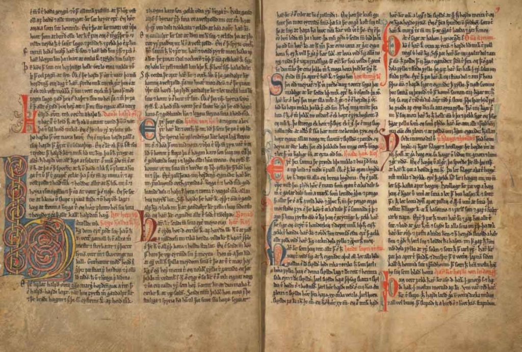 Seiten aus der Heimskringla, isländisches Manuskript AM 45, ca. 14. Jahrhundert