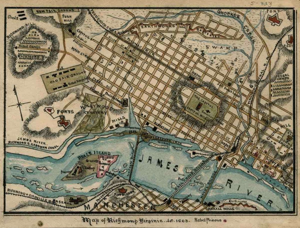 Eine Tusch- und Aquarellkarte von Richmond, Virginia, um 1863