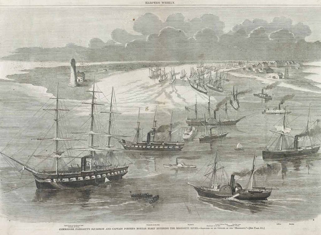 Commodore Farraguts Geschwader und Captain Porters Mörserflotte betreten den Mississippi River. Gezeichnet von einem Offizier der „Mississippi“, 17. Mai 1862