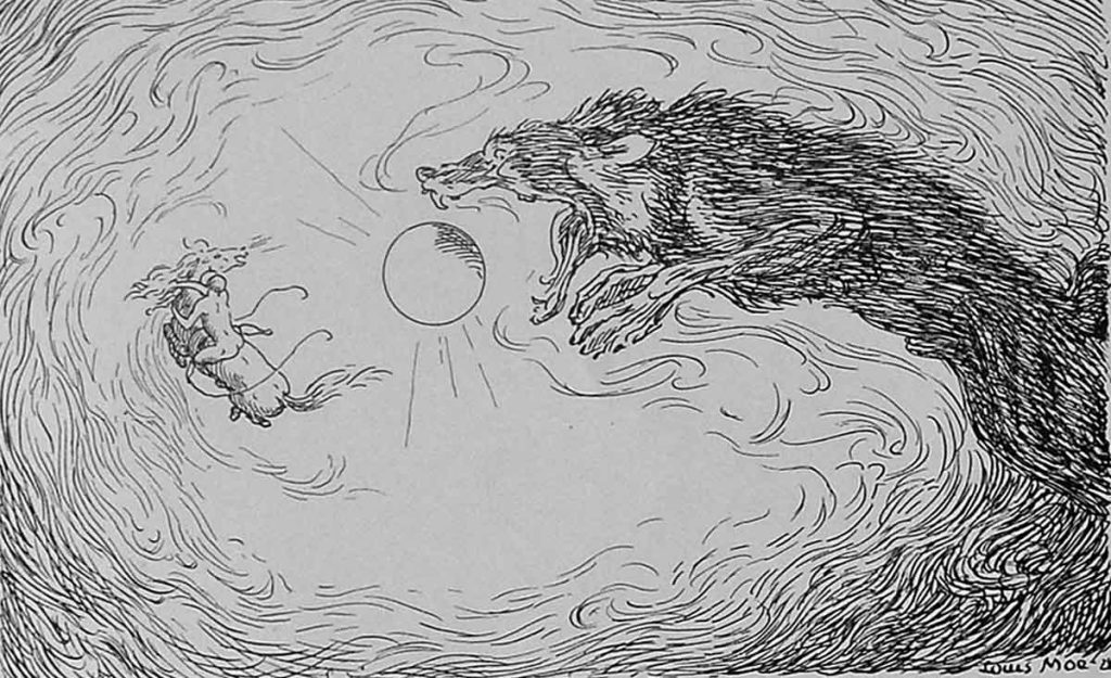 Sköll, der Wolf, frisst die Sonne, Illustration von Louis, aus Ragnarok: En Billeddigtning, 1929
