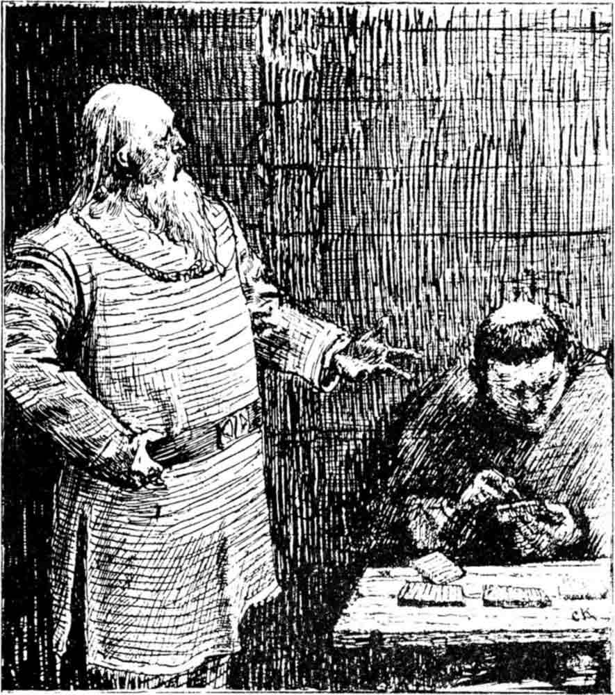 Illustration von Snorri Sturluson, der zu einem sitzenden Mann spricht, von Christian Krohg, 1899