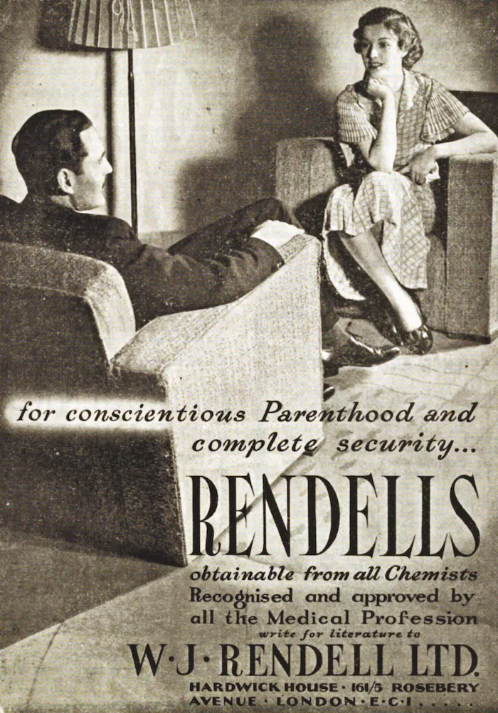 Anzeige für Rendells Verhütungsmittel, 1938
