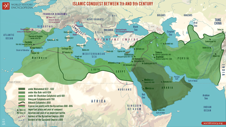 Map of the Islamic Conquests in the 7th-9th Centuries