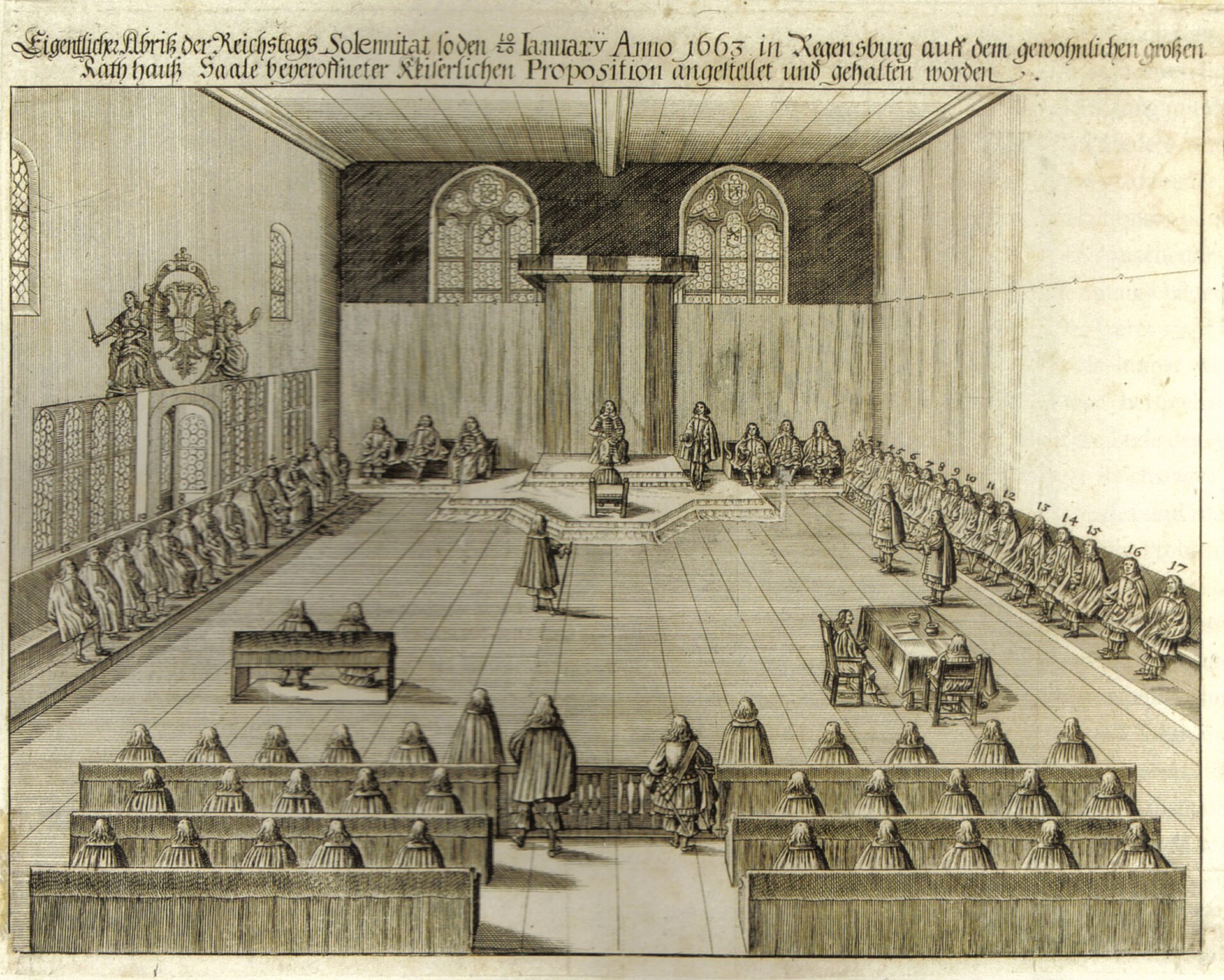 Kupferstich mit geordneten Sitzreihen bei der Eröffnung des Regensburger Reichstags 1663