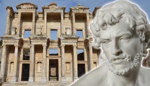 Ancient library ruins with a classical marble philosopher statue.