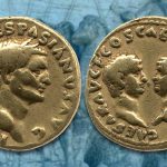 Two Roman gold coins showing profile portraits.