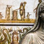 Roman lararium fresco paired with a bronze bust.